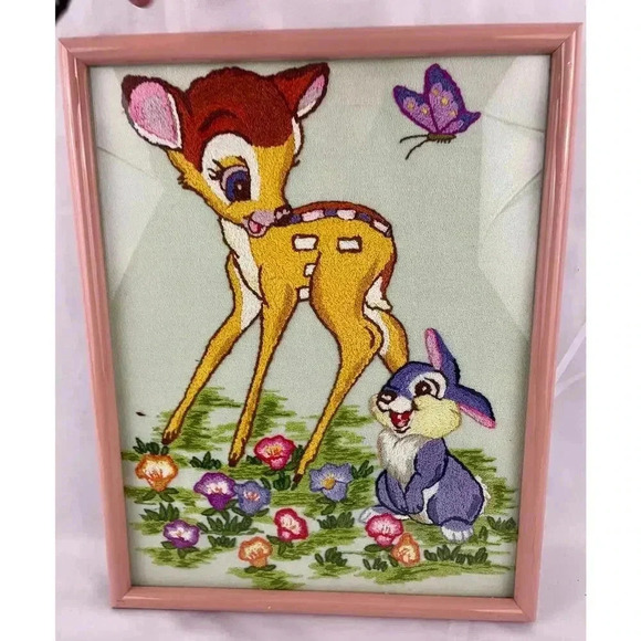 VTG Embroidery Bambi & Thumper Needlework Framed 80's MCM Wall Art 11.5"X14.5" - Picture 9 of 12